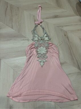 VENUS Peach Pink Halter Top with Lace Detail